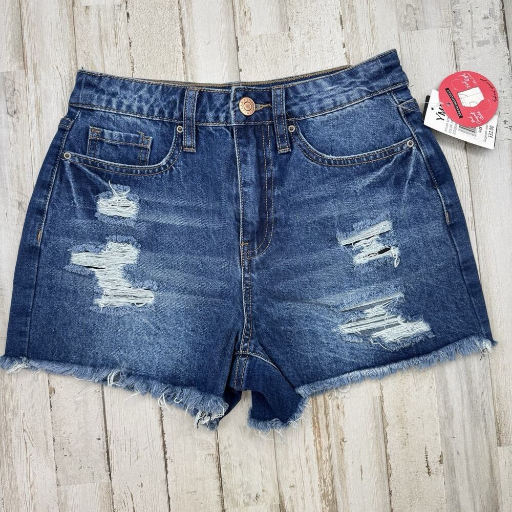 YMI Jean Shorts Juniors Blue Distressed Better Butt High Rise Raw Hem Sz 5 NWT